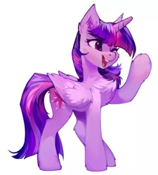 Size: 2768x3072 | Tagged: safe, artist:share dast, derpibooru import, twilight sparkle, twilight sparkle (alicorn), alicorn, pony, absurd resolution, chest fluff, cute, ear fluff, eye clipping through hair, female, fluffy, leg fluff, mare, one eye closed, open mouth, raised hoof, simple background, solo, twiabetes, white background, wing fluff, wink