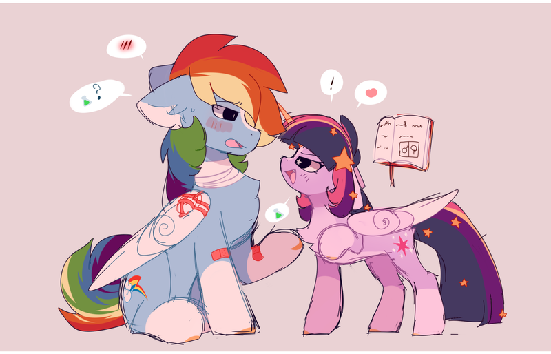 Size: 2100x1350 | Tagged: safe, artist:little-sketches, derpibooru import, rainbow dash, twilight sparkle, twilight sparkle (alicorn), alicorn, pegasus, pony, alternate design, bandaid, book, chest fluff, female, half r63 shipping, lesbian, male, rainbow blitz, rule 63, shipping, size difference, starry eyes, straight, twiblitz, twidash, wingding eyes