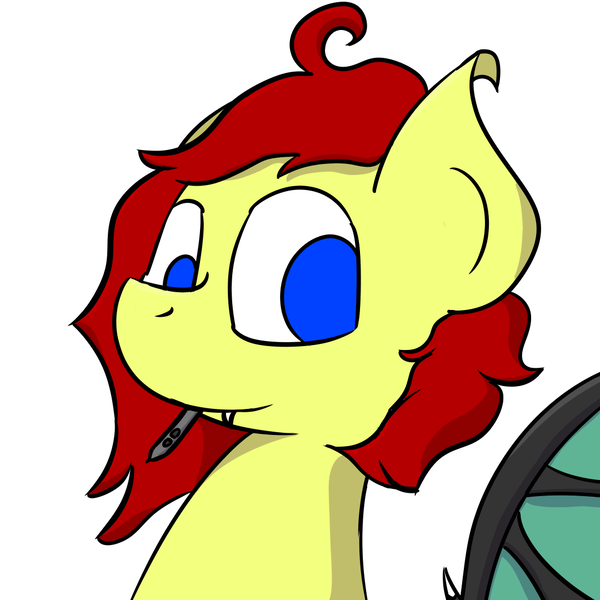 Size: 1080x1080 | Tagged: artist:gamer-shy, blue eyes, derpibooru import, hooked ears, messy mane, oc, oc:gamershy yellowstar, red mane, safe, simple background, solo, stylus, white background, yellow fur