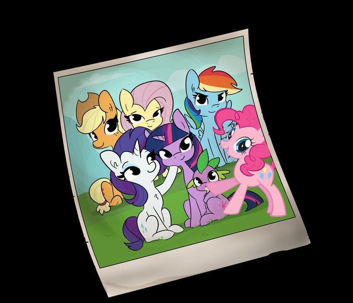 Size: 2995x2568 | Tagged: safe, alternate version, artist:tjpones, derpibooru import, applejack, fluttershy, pinkie pie, rainbow dash, rarity, spike, twilight sparkle, dragon, earth pony, pegasus, pony, unicorn, applejack's hat, chest fluff, cowboy hat, fangs, female, freckles, hat, male, mane seven, mane six, mare, polaroid, smiling, stock vector