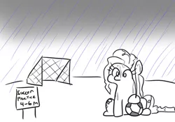 Size: 816x571 | Tagged: safe, artist:jargon scott, derpibooru import, pinkie pie, earth pony, pony, ball, black and white, female, football, grayscale, mare, monochrome, rain, simple background, simpsons did it, soccer field, solo, sports, the simpsons, white background