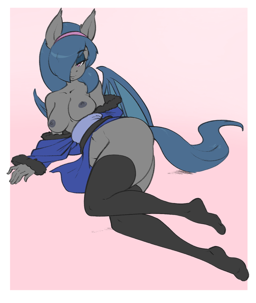 Size: 1146x1360 | Tagged: questionable, artist:skecchiart, derpibooru import, oc, oc:river rhythm, unofficial characters only, anthro, bat pony, plantigrade anthro, anthro oc, areola, ass, bat pony oc, bat wings, bottomless, breasts, butt, clothes, female, hair over one eye, hairband, image, kimono minidress, looking at you, mare, nipples, no bra underneath, no panties, nudity, partial nudity, png, seductive, seductive look, seductive pose, sexy, side, socks, solo, solo female, stockings, thigh highs, wide hips, wings