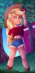 Size: 967x2000 | Tagged: safe, artist:discorded, derpibooru import, applejack, human, equestria girls, apple, apple tree, applebutt, ass, beautiful, behind, belt, blowing bubbles, bubblegum, butt, clothes, cowboy hat, cowgirl, denim shorts, digital art, female, food, gum, hat, legs, looking at you, looking back, looking back at you, one eye closed, sexy, shorts, smiling, solo, stetson, sultry pose, thighs, tomboy, tree, wink, winking at you