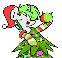 Size: 1640x1536 | Tagged: safe, artist:kimjoman, derpibooru import, part of a set, oc, oc:starshine glow, unofficial characters only, pony, unicorn, christmas, christmas lights, christmas tree, clothes, commission, cute, eye clipping through hair, eyes closed, hat, holiday, holly, holly mistaken for mistletoe, hoof hold, male, open mouth, santa hat, simple background, smiling, socks, solo, stallion, stars, striped socks, transparent background, tree, ych result