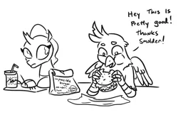 Size: 913x603 | Tagged: safe, artist:jargon scott, derpibooru import, gallus, ocellus, changedling, changeling, gryphon, burger, dialogue, female, food, gallabuse, imminent feminization, implied smolder, impossible burger, male, monochrome, simple background, this will end just fine, this will not end well, white background