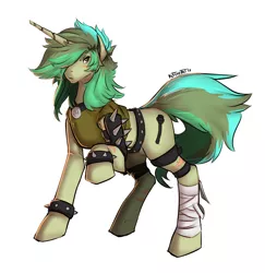 Size: 2592x2664 | Tagged: safe, artist:rifthebit, derpibooru import, oc, oc:piper, unicorn, fallout equestria, bandaged leg, bracelet, clothes, collar, female, raider, raider armor, scarred, simple background, solo, spiked wristband, white background, wristband