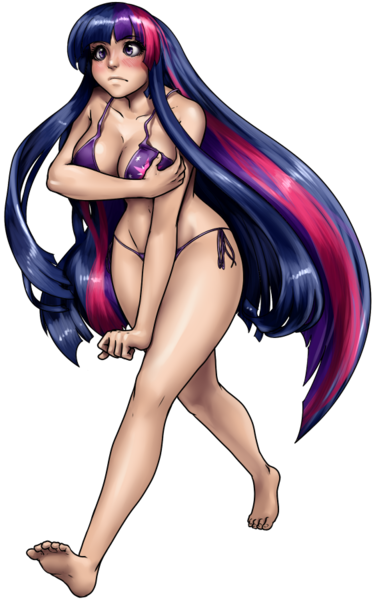 Size: 563x900 | Tagged: artist:aphexangel, barefoot, bikini, blushing, breasts, busty twilight sparkle, cleavage, clothes, commission, covering, cutie mark clothes, derpibooru import, embarrassed, feet, female, human, humanized, simple background, solo, solo female, source needed, suggestive, swimsuit, transparent background, twilight sparkle