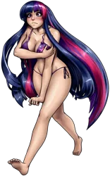 Size: 563x900 | Tagged: artist:aphexangel, barefoot, bikini, blushing, breasts, busty twilight sparkle, cleavage, clothes, commission, covering, cutie mark clothes, derpibooru import, embarrassed, feet, female, human, humanized, simple background, solo, solo female, source needed, suggestive, swimsuit, transparent background, twilight sparkle