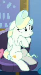 Size: 441x814 | Tagged: safe, derpibooru import, screencap, vapor trail, pegasus, pony, top bolt, cropped, crossed hooves, cute, female, floppy ears, mare, sitting, smiling, solo, vaporbetes