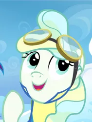 Size: 708x938 | Tagged: safe, derpibooru import, screencap, vapor trail, pegasus, pony, top bolt, clothes, cropped, cute, female, goggles, mare, open mouth, raised hoof, smiling, solo, uniform, vaporbetes, wonderbolt trainee uniform