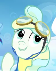 Size: 736x938 | Tagged: safe, derpibooru import, screencap, vapor trail, pegasus, pony, top bolt, clothes, cropped, cute, female, goggles, mare, raised hoof, smiling, solo, uniform, vaporbetes, wonderbolt trainee uniform