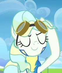 Size: 794x936 | Tagged: safe, derpibooru import, screencap, vapor trail, pegasus, pony, top bolt, clothes, confident, cropped, eyes closed, female, goggles, mare, raised hoof, smiling, solo, uniform, wonderbolt trainee uniform