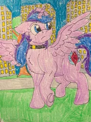 Size: 1280x1714 | Tagged: alicorn, alicorn oc, city, derpibooru import, horn, night, oc, oc:pony adean, ponysona, safe, self insert, solo, traditional art, tree, unofficial characters only, wings