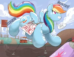 Size: 1280x989 | Tagged: safe, artist:helixjack, derpibooru import, rainbow dash, balloonie pony, original species, pegasus, pony, advertisement, air inflation, air tank, balloon, cloud, forced smile, immobile, inanimate tf, inflation, pouting, transformation, wagon