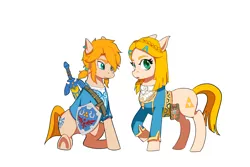 Size: 3600x2400 | Tagged: safe, artist:qq961130277, derpibooru import, earth pony, pony, belt, blouse, braid, clothes, crossover, cutie mark, duo, female, floppy ears, link, looking at you, male, mare, princess zelda, raised hoof, shield, simple background, sitting, stallion, sword, the legend of zelda, the legend of zelda: breath of the wild, tunic, video game crossover, weapon, white background