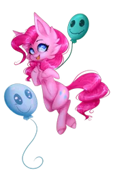 Size: 1024x1544 | Tagged: safe, artist:keltonia, derpibooru import, pinkie pie, earth pony, pony, balloon, big ears, bipedal, cheek fluff, chest fluff, chibi, crossed legs, cutie mark, discord balloon, ear fluff, eye reflection, female, floating, looking at you, mare, open mouth, reflection, simple background, smiling, solo, transparent background