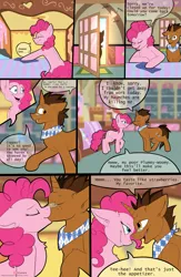 Size: 975x1500 | Tagged: safe, artist:kianara, derpibooru import, pinkie pie, oc, oc:copper plume, earth pony, unicorn, comic:the copperpie chronicles, comic:the copperpie chronicles - after hours, bedroom eyes, canon x oc, comic, commission, commissioner:imperfectxiii, copperpie, female, imminent sex, kissing, looking at each other, male, shipping, straight