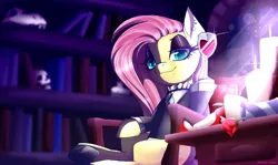 Size: 2350x1400 | Tagged: alcohol, artist:spirit-fire360, bookshelf, candle, chair, clothes, derpibooru import, ear piercing, earring, flower, fluttergoth, fluttershy, goth, jewelry, looking at you, piercing, rose, safe, skull, wine