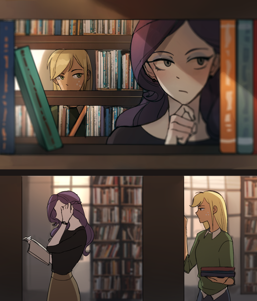 Size: 1406x1644 | Tagged: safe, artist:tcn1205, derpibooru import, applejack, rarity, equestria girls, book, bookshelf, college, implied lesbian, implied rarijack, implied shipping, library, peeking, school