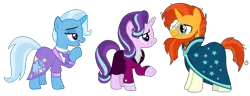 Size: 5188x2000 | Tagged: safe, artist:sketchmcreations, derpibooru import, starlight glimmer, sunburst, trixie, unicorn, the last problem, cloak, clothes, counselor trixie, female, headmare starlight, looking at each other, male, mare, older, older starlight glimmer, older sunburst, older trixie, open mouth, raised hoof, simple background, skirt, smiling, stallion, suit, sunburst the bearded, transparent background, trio, vector