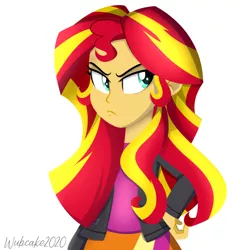 Size: 1000x1000 | Tagged: safe, artist:wubcakeva, derpibooru import, sunset shimmer, human, equestria girls, equestria girls (movie), clothes, female, jacket, leather, leather jacket, sassy, simple background, skirt, solo, white background