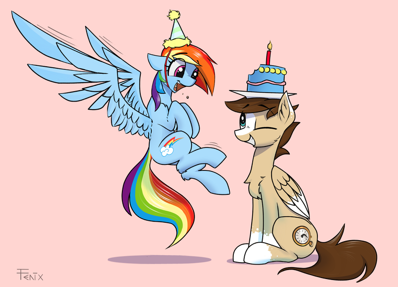 Size: 3844x2766 | Tagged: safe, artist:fenixdust, derpibooru import, rainbow dash, oc, oc:skittle, pegasus, pony, birthday, birthday cake, cake, canon x oc, female, flying, food, male, shipping, skidash, straight