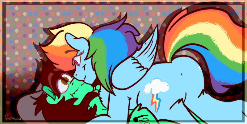 Size: 1890x950 | Tagged: safe, artist:phantomlemon, derpibooru import, rainbow dash, oc, oc:bluphy hooves, pegasus, pony, bluphydash, blushing, canon x oc, cute, female, looking at each other, male, mare, on top, stallion, wings