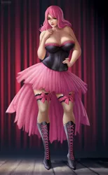 Size: 4000x6498 | Tagged: artist:flowerxl, bare shoulders, beautisexy, boots, breasts, busty pinkie pie, clothes, corset, cute, derpibooru import, dress, eyes closed, female, fishnets, high heel boots, human, humanized, my little pony, pinkie pie, saloon dress, saloon pinkie, sexy, shoes, skirt, socks, solo, southern belle, stockings, suggestive, thigh highs