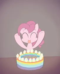 Size: 1544x1898 | Tagged: safe, artist:noupu, derpibooru import, pinkie pie, earth pony, pony, birthday, birthday cake, cake, cute, diapinkes, eyes closed, female, food, happy birthday, implied rainbow dash, mare, open mouth, rainbow dash day, rainbow dash's birthday, solo