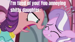 Size: 1280x720 | Tagged: abuse, caption, child abuse, crusaders of the lost mark, derpibooru import, diamond tiara, edit, edited screencap, female, image macro, meme, mother and child, mother and daughter, safe, screencap, spoiled rich, text, tiarabuse, vulgar, yelling