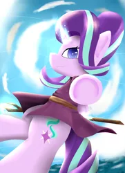 Size: 1560x2150 | Tagged: safe, artist:nicxchy, derpibooru import, starlight glimmer, pony, unicorn, clothes, glowing horn, horn, mage, robe, solo, staff