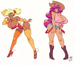 Size: 2800x2456 | Tagged: alternate hairstyle, applejack, artist:scarfyace, bent over, big breasts, big lips, big nipples, bimbo, bimbo jack, bimbo pie, boots, breasts, busty applejack, busty pinkie pie, choker, cleavage, clothes, country pie, cowboy boots, cutie mark, cutie mark on clothes, daisy dukes, dark skin, derpibooru import, duo, duo female, ear piercing, erect nipples, female, freckles, front knot midriff, hair over one eye, hat, huge breasts, human, humanized, leotard, lipstick, makeup, midriff, nipple outline, nipples, nudity, personality swap, piercing, pigtails, pinkie pie, shoes, shorts, shoulder freckles, simple background, suggestive, suspenders