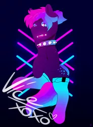 Size: 2100x2850 | Tagged: suggestive, artist:dazzleflashy, derpibooru import, oc, oc:leo vice, earth pony, pony, art trade, clothes, glow, neon, night, socks, solo