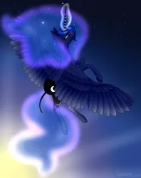 Size: 1024x1295 | Tagged: safe, artist:clarissa0210, derpibooru import, princess luna, pony, dock, flying, magic, solo