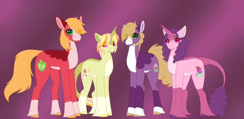 Size: 4871x2373 | Tagged: safe, alternate version, artist:clay-bae, derpibooru import, big macintosh, little mac, sugar belle, oc, oc:lemon sours, pony, unicorn, female, male, mare, offspring, parent:big macintosh, parent:sugar belle, parents:sugarmac, shipping, stallion, straight, sugarmac