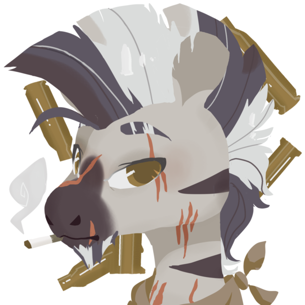 Size: 2000x2000 | Tagged: artist:alabasterpeony, bullet casing, cigarette, derpibooru import, eyebrows, oc, oc:ahrim, safe, scar, simple background, solo, transparent background, unofficial characters only, zebra