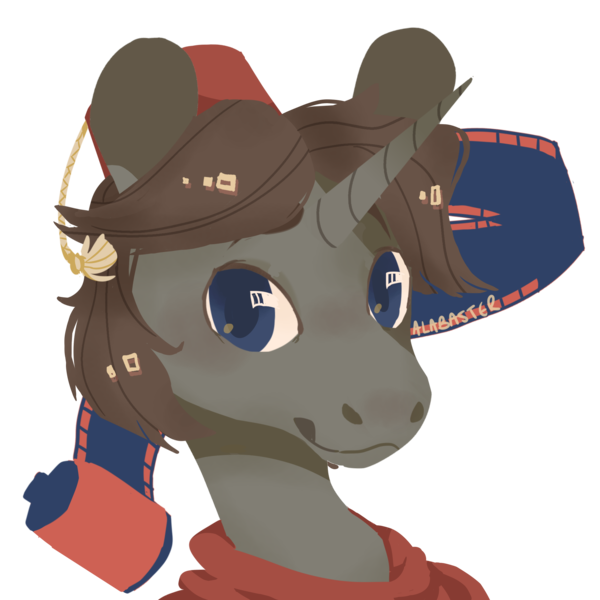 Size: 2000x2000 | Tagged: safe, artist:alabasterpeony, derpibooru import, oc, oc:flintlock, unofficial characters only, unicorn, fez, hat, simple background, solo, transparent background