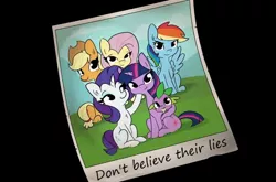 Size: 1090x720 | Tagged: safe, artist:tjpones, derpibooru import, edit, applejack, fluttershy, rainbow dash, rarity, spike, twilight sparkle, 13 reasons why, don't believe her lies, exploitable meme, meme, memento, polaroid