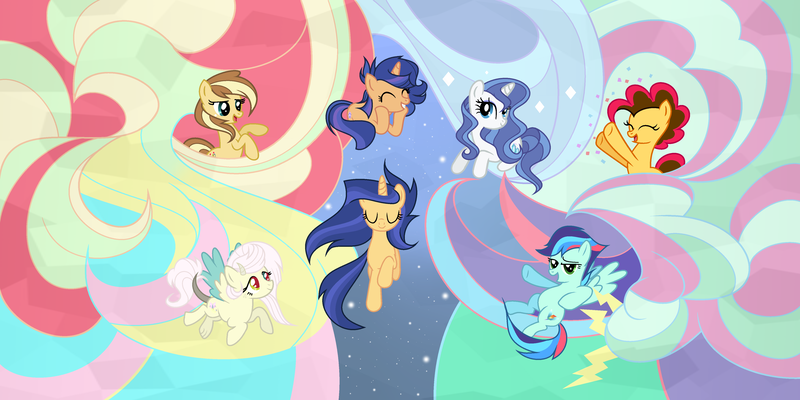 Size: 4620x2308 | Tagged: safe, artist:galaxyswirlsyt, derpibooru import, oc, oc:apple pie, oc:destiny, oc:galaxy swirls, oc:party pie, oc:rainbow blitzes, oc:sky city, oc:velvet sentry, earth pony, hybrid, pegasus, pony, unicorn, base used, female, heterochromia, interspecies offspring, mare, offspring, parent:applejack, parent:caramel, parent:cheese sandwich, parent:discord, parent:fancypants, parent:flash sentry, parent:fluttershy, parent:pinkie pie, parent:rainbow dash, parent:rarity, parent:soarin', parent:twilight sparkle, parents:carajack, parents:cheesepie, parents:discoshy, parents:flashlight, parents:raripants, parents:soarindash, ponyville, statue