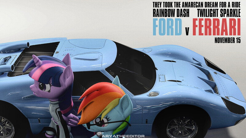 Size: 3840x2160 | Tagged: safe, artist:aryatheeditor, derpibooru import, rainbow dash, twilight sparkle, twilight sparkle (alicorn), alicorn, pegasus, pony, 3d, car, clothes, cover, cover art, crossover, female, ferrari, ford, ford gt, ford gt40, ford v ferrari, lesbian, movie, movie poster, photo, shipping, source filmmaker, suit, sunglasses, twidash