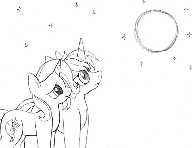 Size: 1060x816 | Tagged: safe, artist:blazelupine, derpibooru import, trixie, oc, oc:pickles, pony, unicorn, canon x oc, duo, female, looking up, male, monochrome, moon, night, shipping, simple background, stars, straight, traditional art, trikles, white background