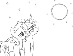 Size: 1060x816 | Tagged: safe, artist:blazelupine, derpibooru import, trixie, oc, oc:pickles, pony, unicorn, canon x oc, duo, female, looking up, male, monochrome, moon, night, shipping, simple background, stars, straight, traditional art, trikles, white background