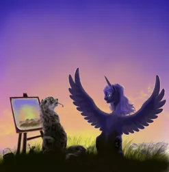 Size: 1024x1037 | Tagged: safe, artist:grayma1k, derpibooru import, princess luna, oc, alicorn, big cat, leopard, pony, snow leopard, duo, easel, missing accessory, mouth hold, paintbrush, painting, sitting, spread wings, wings