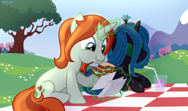 Size: 2865x1685 | Tagged: safe, artist:lilith1light, artist:littlemonsteravv, derpibooru import, crackle cosette, queen chrysalis, changedling, changeling, insect, ladybug, pony, unicorn, alternate universe, aweeg*, base used, cheese, crown, cucumber, cute, disguised changeling, drink, eating, eyeshadow, female, food, glass, glowing horn, grass, horn, jewelry, juice, lettuce, levitation, magic, makeup, mare, picnic, picnic blanket, picture, purified chrysalis, regalia, sandwich, sitting, straw, telekinesis, tomato, tree