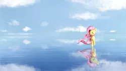 Size: 1600x900 | Tagged: artist:qbellas, beautiful, cloud, cloudy, derpibooru import, eyes closed, fluttershy, ocean, pegasus, reflection, safe, sky, solo, water