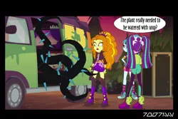 Size: 1288x858 | Tagged: safe, derpibooru import, edit, edited screencap, editor:teren rogriss, screencap, adagio dazzle, aria blaze, sonata dusk, equestria girls, equestria girls series, princess twilight sparkle (episode), sunset's backstage pass!, spoiler:eqg series (season 2), black vine, plunder seeds, van, vine