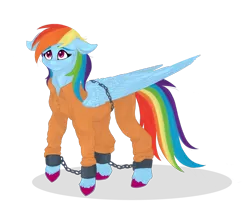 Size: 1920x1600 | Tagged: safe, artist:nyota71, derpibooru import, rainbow dash, pegasus, pony, ankle chain, bound wings, chains, clothes, colored hooves, commission, cuffs, female, jumpsuit, mare, never doubt rainbowdash69's involvement, prison outfit, prisoner, prisoner rd, sad, shackles, simple background, solo, transparent background, uniform, wings