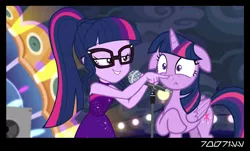 Size: 1288x778 | Tagged: safe, derpibooru import, edit, edited screencap, editor:teren rogriss, screencap, sci-twi, twilight sparkle, twilight sparkle (alicorn), alicorn, pony, equestria girls, equestria girls series, spring breakdown, spoiler:eqg series (season 2), boop, floppy ears, glasses, microphone, self ponidox, twolight, twolight timeline