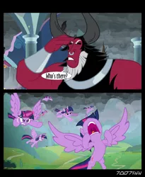 Size: 1288x1572 | Tagged: safe, derpibooru import, edit, edited screencap, editor:teren rogriss, screencap, lord tirek, twilight sparkle, twilight sparkle (alicorn), alicorn, centaur, pony, the ending of the end, angry, clones, flying, multeity, sparkle sparkle sparkle, this will end in pain