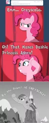 Size: 640x1594 | Tagged: safe, artist:animusvox, artist:biodegradablebox, artist:patec, derpibooru import, pinkie pie, rainbow dash, pony, ask tickled pinkie, he-man and the masters of the universe, monochrome, pun